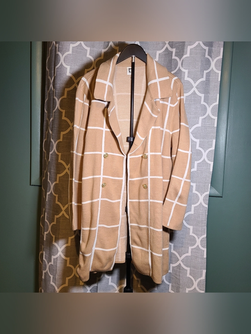 Anne Klein Camel and White Windowpane Knit Cardigan